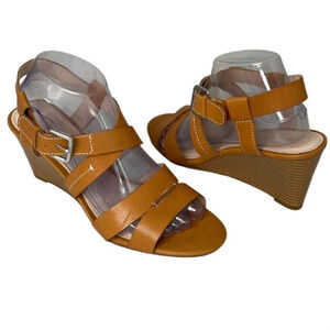 TAHARI Valen Wedge Crisscross Sandals Camel Brown Genuine Leather Open Toe 9